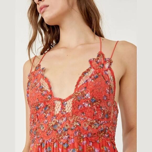 Free People Ladies Size Small Floral Frilled Chemise Dress Orange - Picture 4 of 10